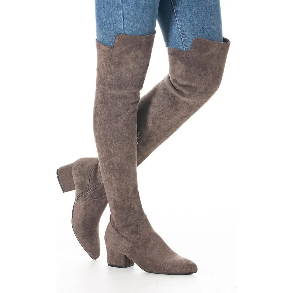 Women Chocolate 2Inch Faux Suede Over The Knee Thigh High Low Block Heel Boot